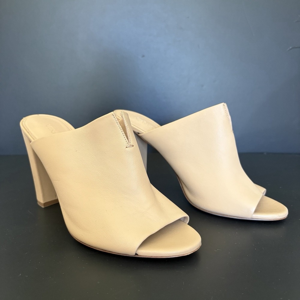 Vince Soft Leather Block Heel Mules Tan Size 9.5 Modern Minimalist Quiet Luxury